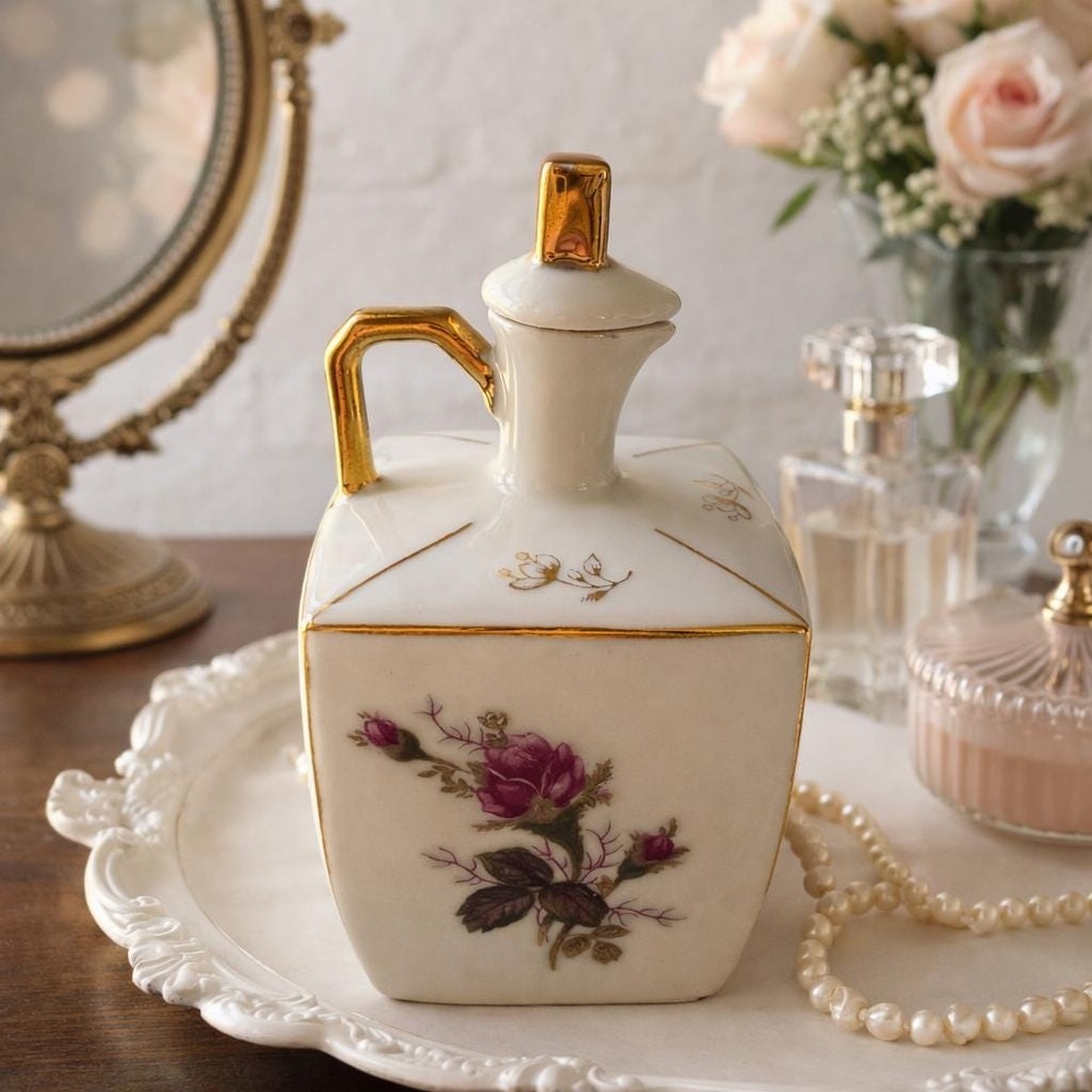 Vintage Porcelain Vanity Bottle Gold Handle Stopper Japan Floral Grandmillennial